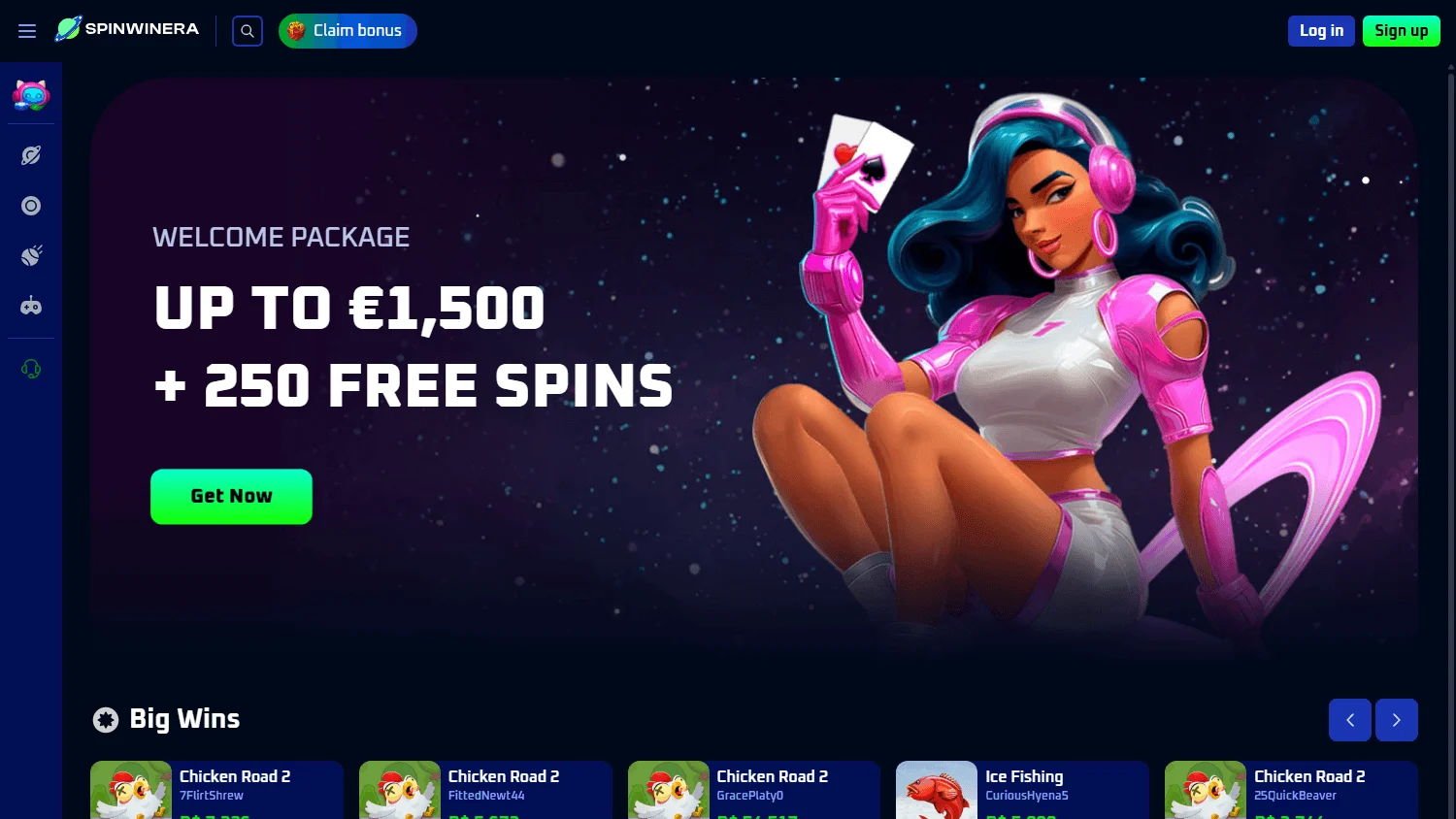 Spinwinera Casino home screen on desktop