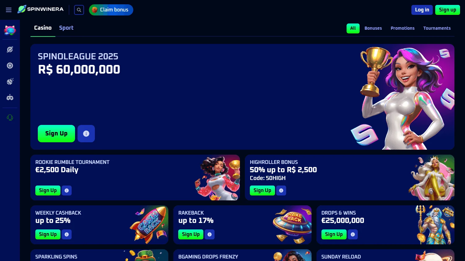 Spinwinera Casino promotions area on desktop